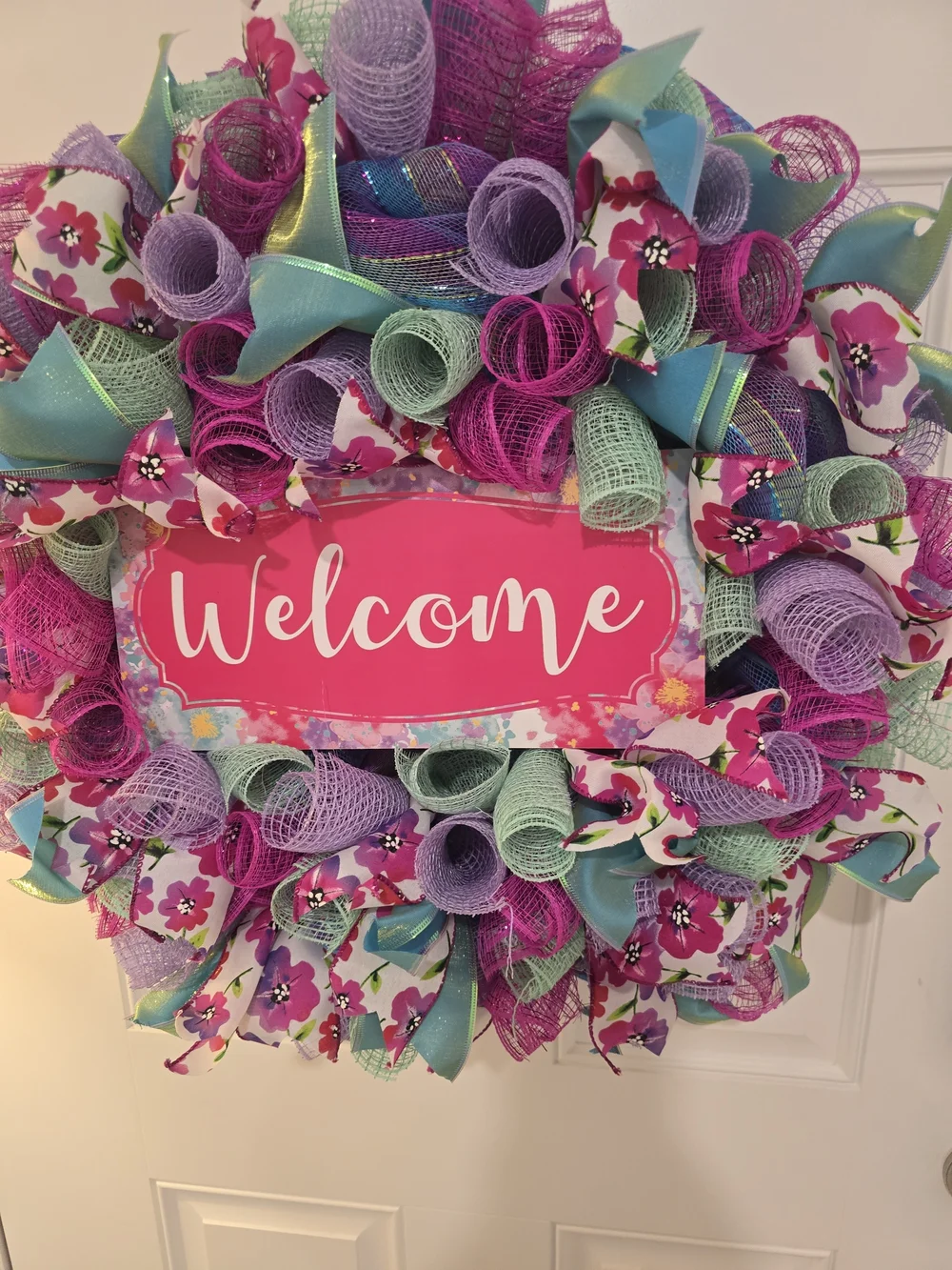 Welcome Spring Summer Floral Ribbon Wreath in Pink, Turquoise & Lavender